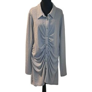 Good American Silver Shimmer Ruched Button Front Shirt Dress Long Sleeve Size 5‎